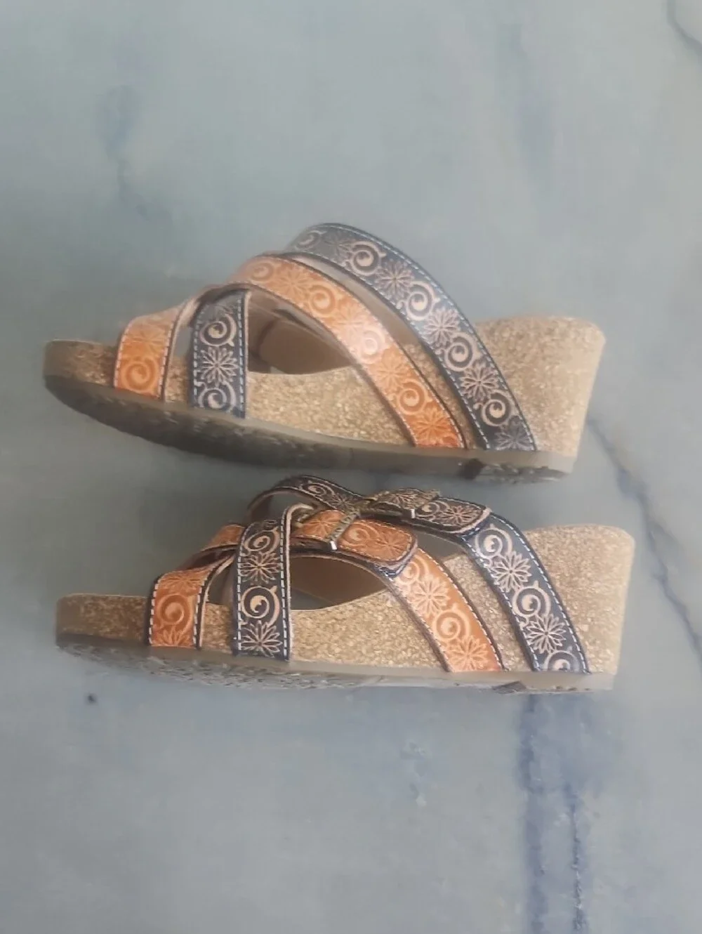 Comfort Step Women's Orange & Blue  Patterned Wedge Sandals